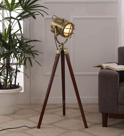 LED Tripod Floor Lamp, Antique Design, Wood Finish, Brown