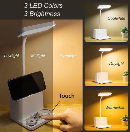 LED Desk Lamp with 3 Color Modes, USB Rechargeable, Flexible Gooseneck, Plastic, Eye Protection