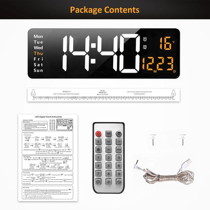Digital Wall Clock with 16.2 Inch LED Display, Remote Control, Temperature Display, Black Plastic