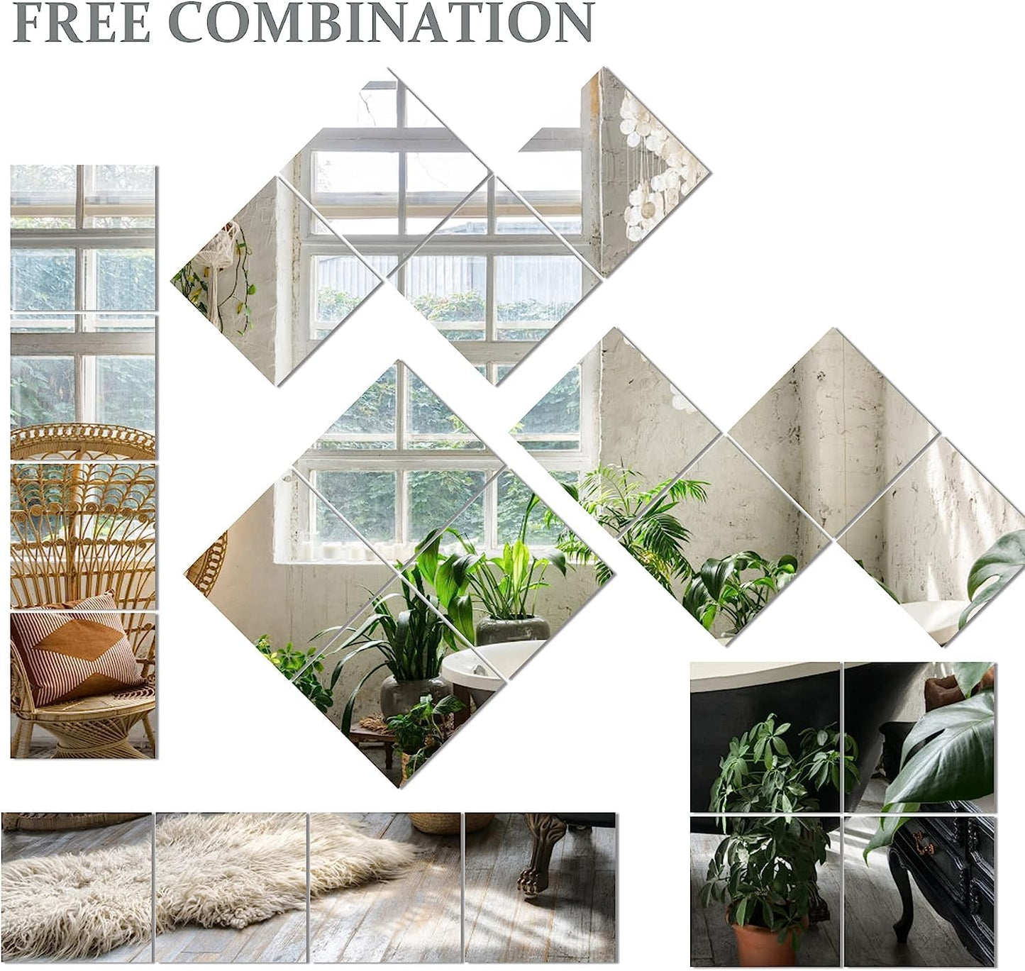 Frameless Full Length Mirror Tiles - Acrylic, Rectangular, 13.7x12 Inch, Pack of 8