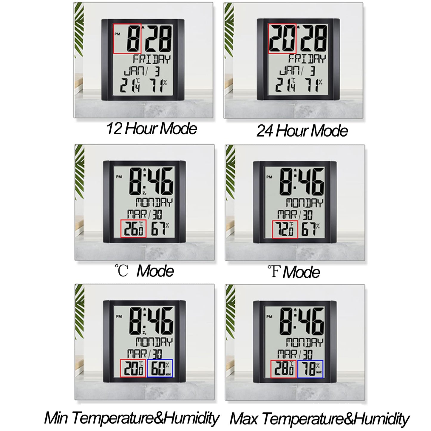 Digital Wall Clock with Temperature and Humidity Display - Battery Operated, Large Screen