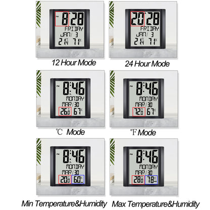Digital Wall Clock with Temperature and Humidity Display - Battery Operated, Large Screen