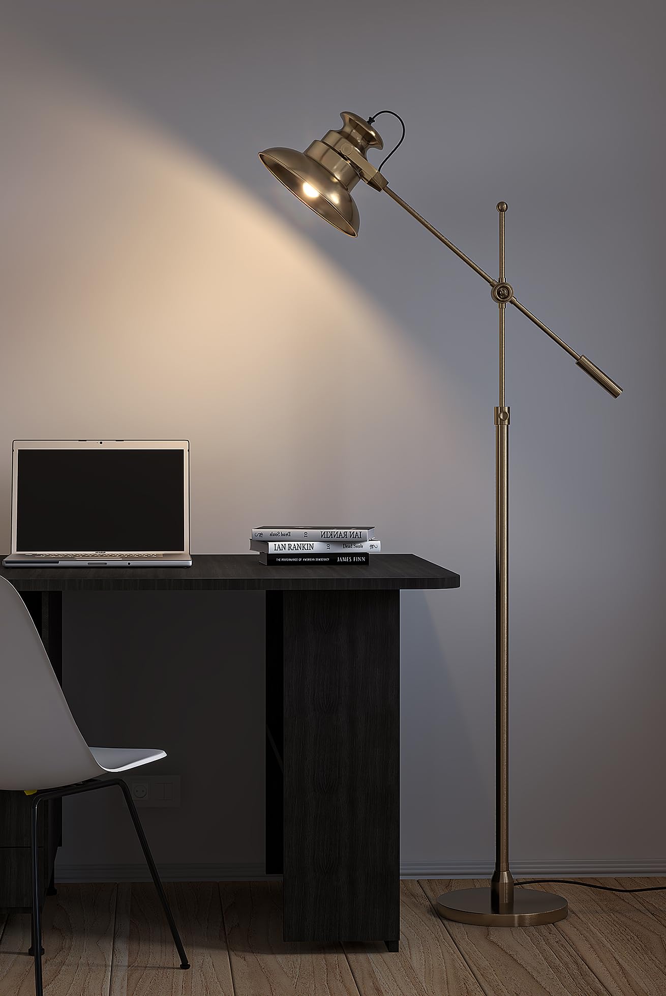 LED Floor Lamp with Adjustable Height and Rotatable Arm in Brass Antique Finish