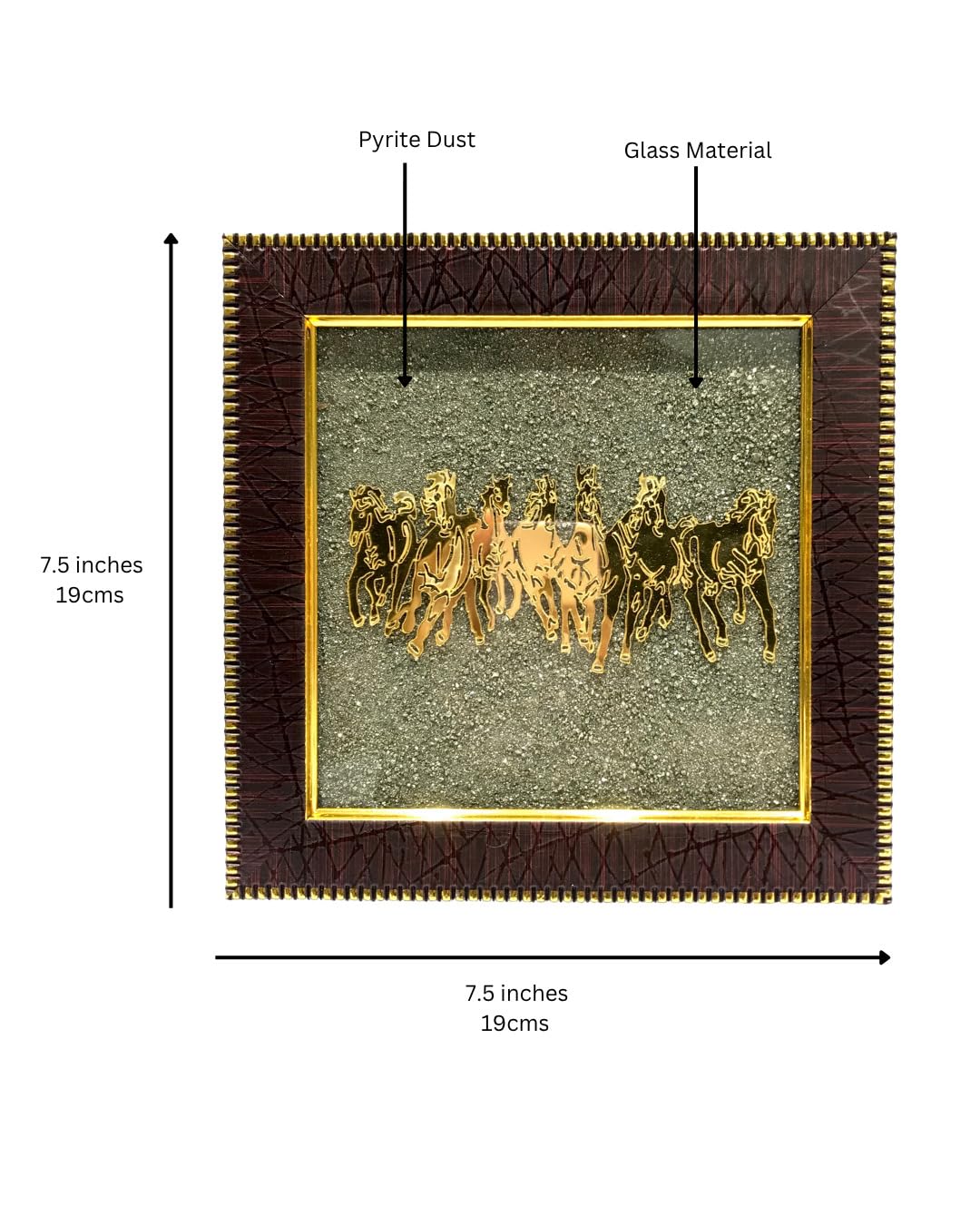 Wall Painting Seven Running Horses Artwork Gold-Plated Pyrite Dust Frame 30x30 cm