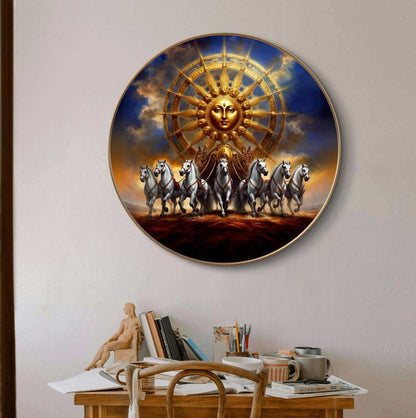 Canvas Wall Painting with Round Golden Frame - Surya Dev & 7 Running Horses - Large Size for Living Room, Bedroom