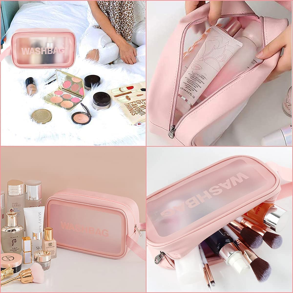 Clear Makeup Pouch Set, 3 Light Pink Travel Toiletry Bags