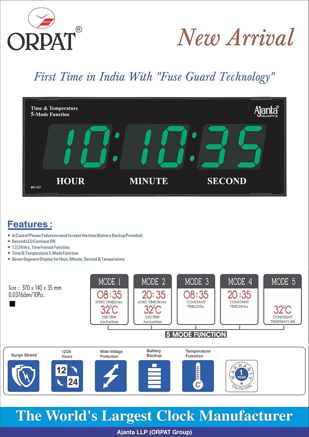 Digital Wall Clock with Green LED Display, 41.9 x 20.3 x 10.2 cm, Plastic, Battery Backup