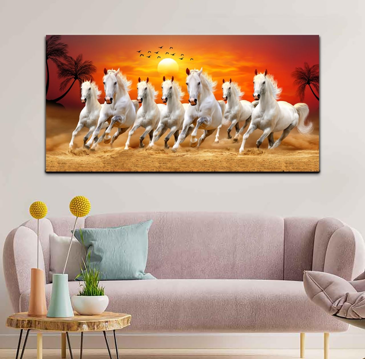 Canvas Wall Painting Seven Running Horses at Sunrise with Wooden Frame 48x24 inches