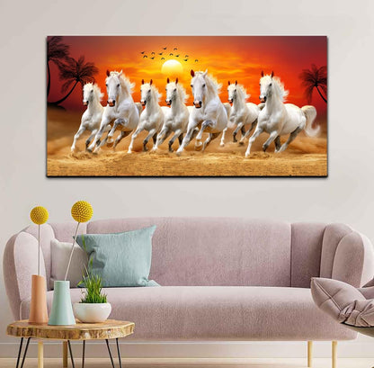 Canvas Wall Painting Seven Running Horses at Sunrise with Wooden Frame 48x24 inches