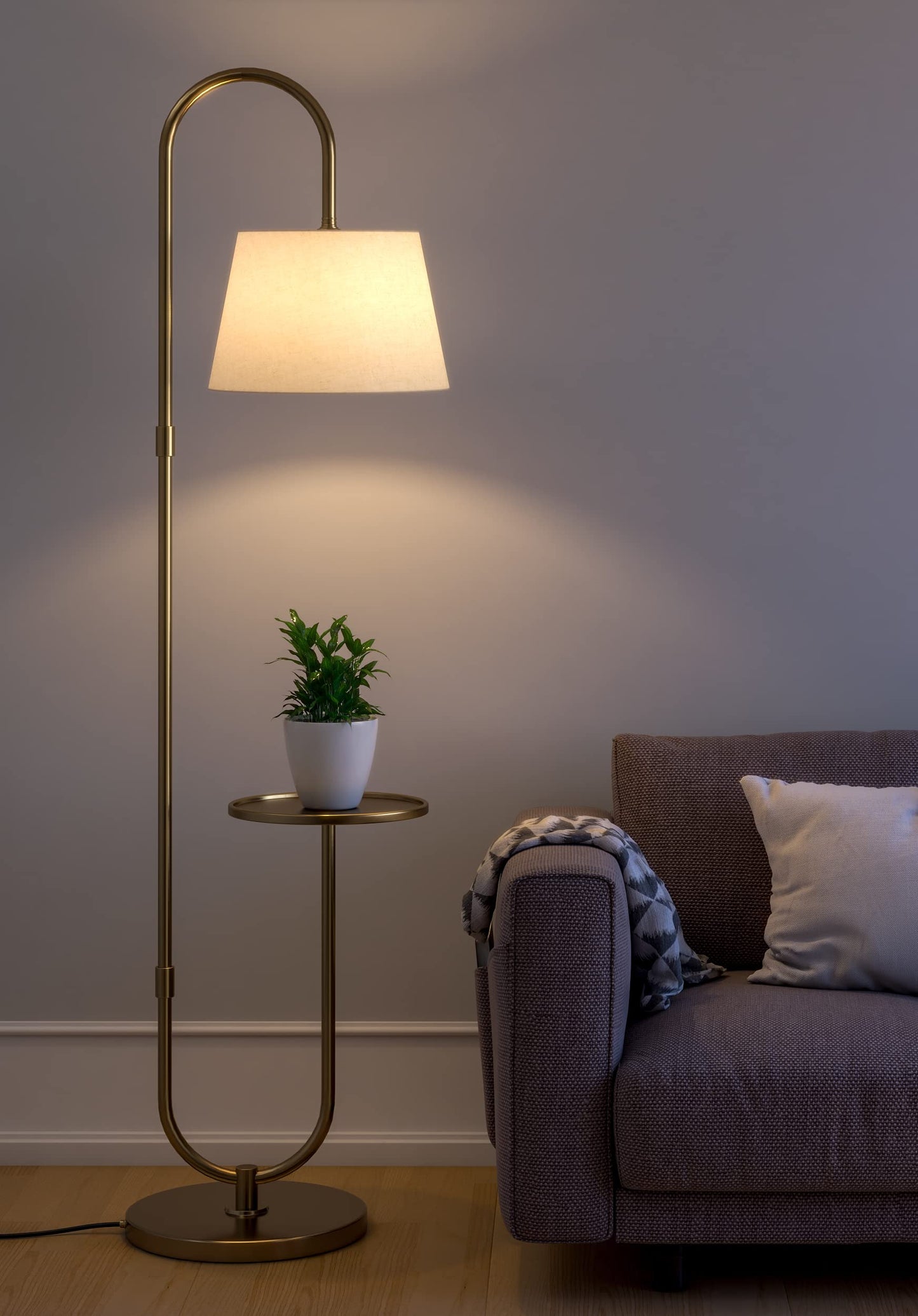 Floor Lamp with Shelf LED Lighting Brass Antique Finish 5ft Height 10 Inch Diameter Off White Shade