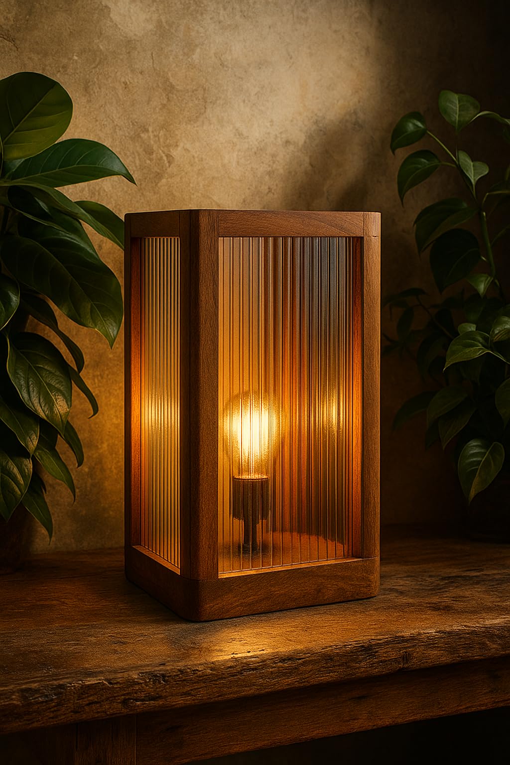 Rectangular Table Lamp - Rustic Sheesham Wood - 30cm Height