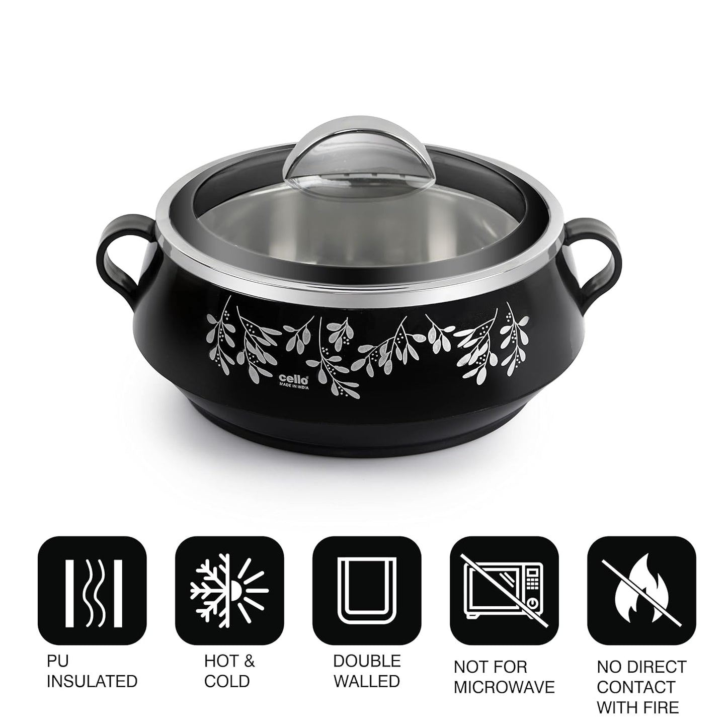 CELLO Glitter Casserole with Inner Steel 3 Unit, Black