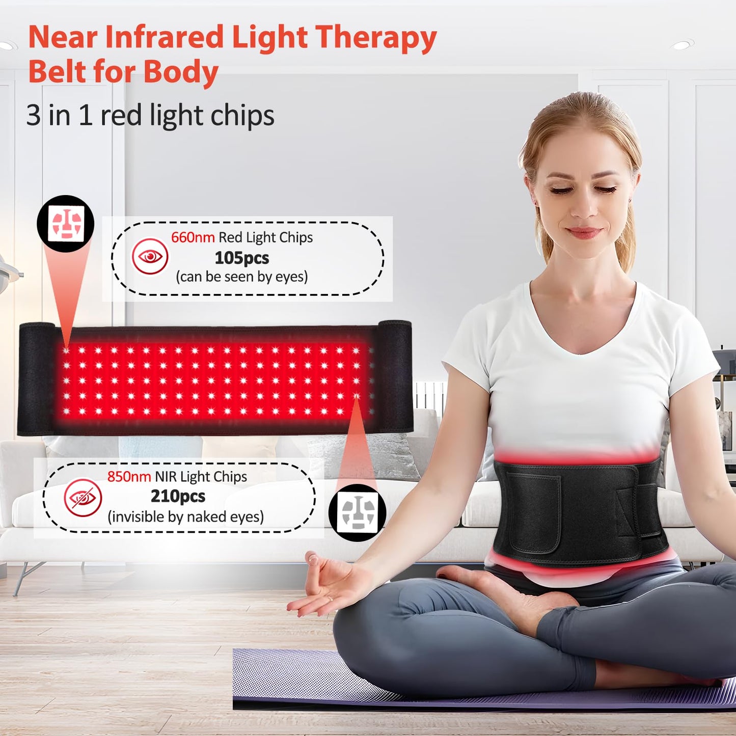 Red Light Therapy Belt Wrap with Timer & Remote Control, 660nm & 850nm, 105 LEDs, 7" x 50" Treatment Area