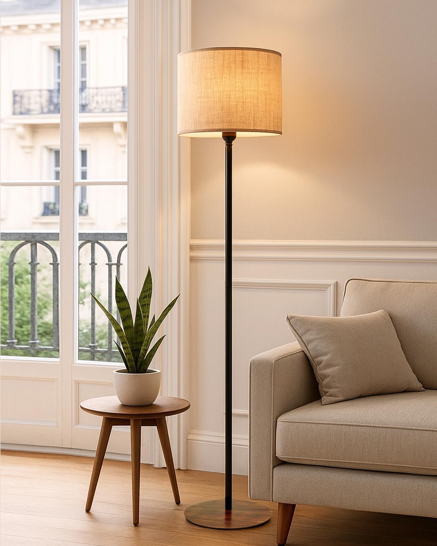 LED Floor Lamp with Wooden Base - Beige - 30x30x127cm - Modern Vintage Design
