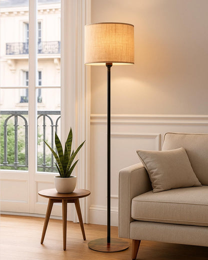 LED Floor Lamp with Wooden Base - Beige - 30x30x127cm - Modern Vintage Design