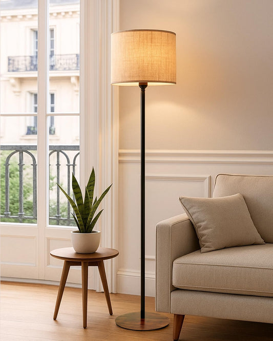 LED Floor Lamp with Wooden Base - Beige - 30x30x127cm - Modern Vintage Design