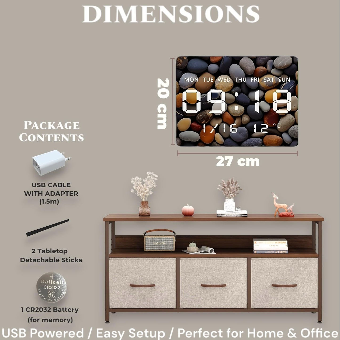 Digital Wall Clock with LED Display, USB Powered, 27x20cm, Pebble Color