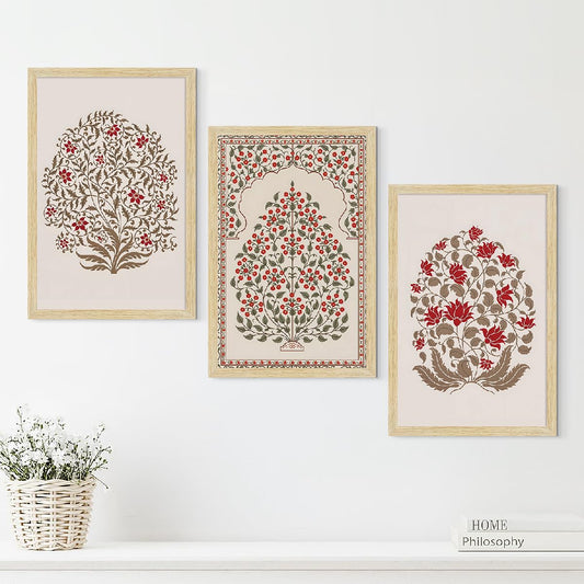 Floral Canvas Paintings Set of 3 - Multicolor with Natural Wood Frames - 12x18 Inch
