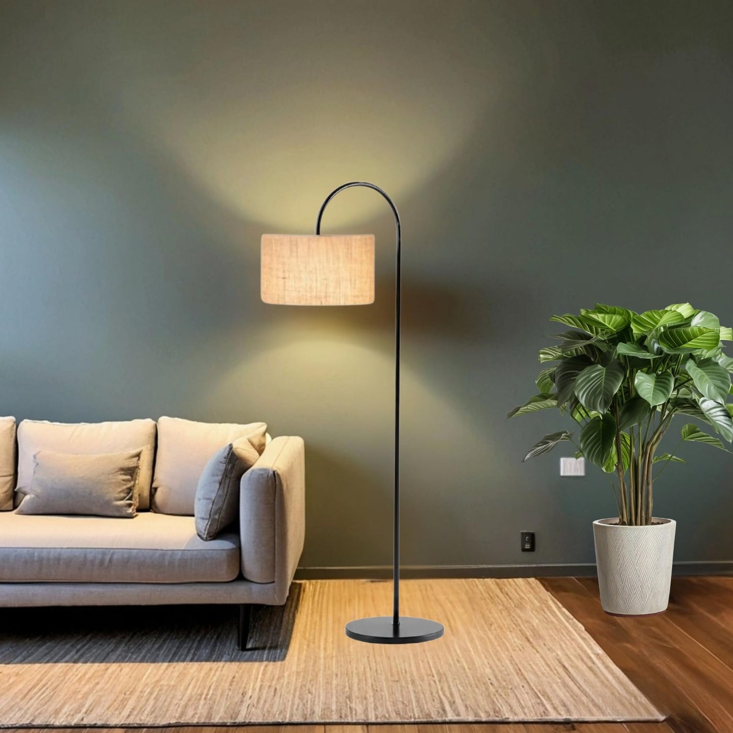 Floor Lamp with Handwoven Jute Shade, Black Metal Frame, 150 cm Height, LED Compatible