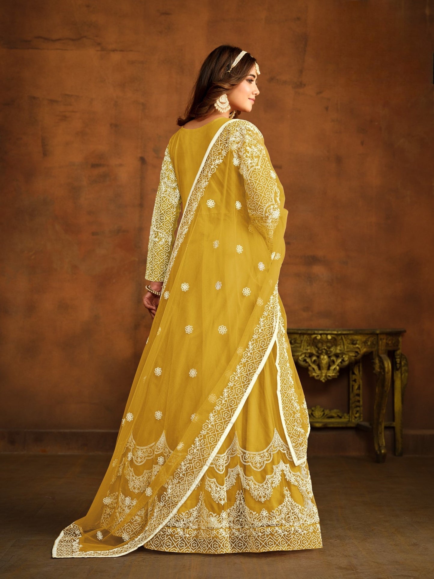 Anaita Yellow Embroidered Net Anarkali Suit