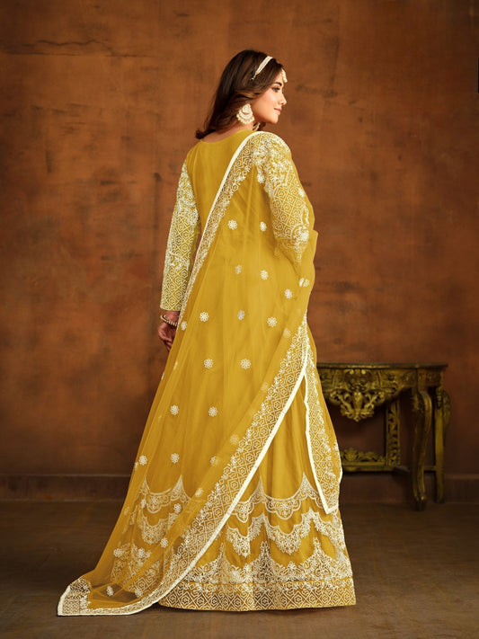 Anaita Yellow Embroidered Net Anarkali Suit