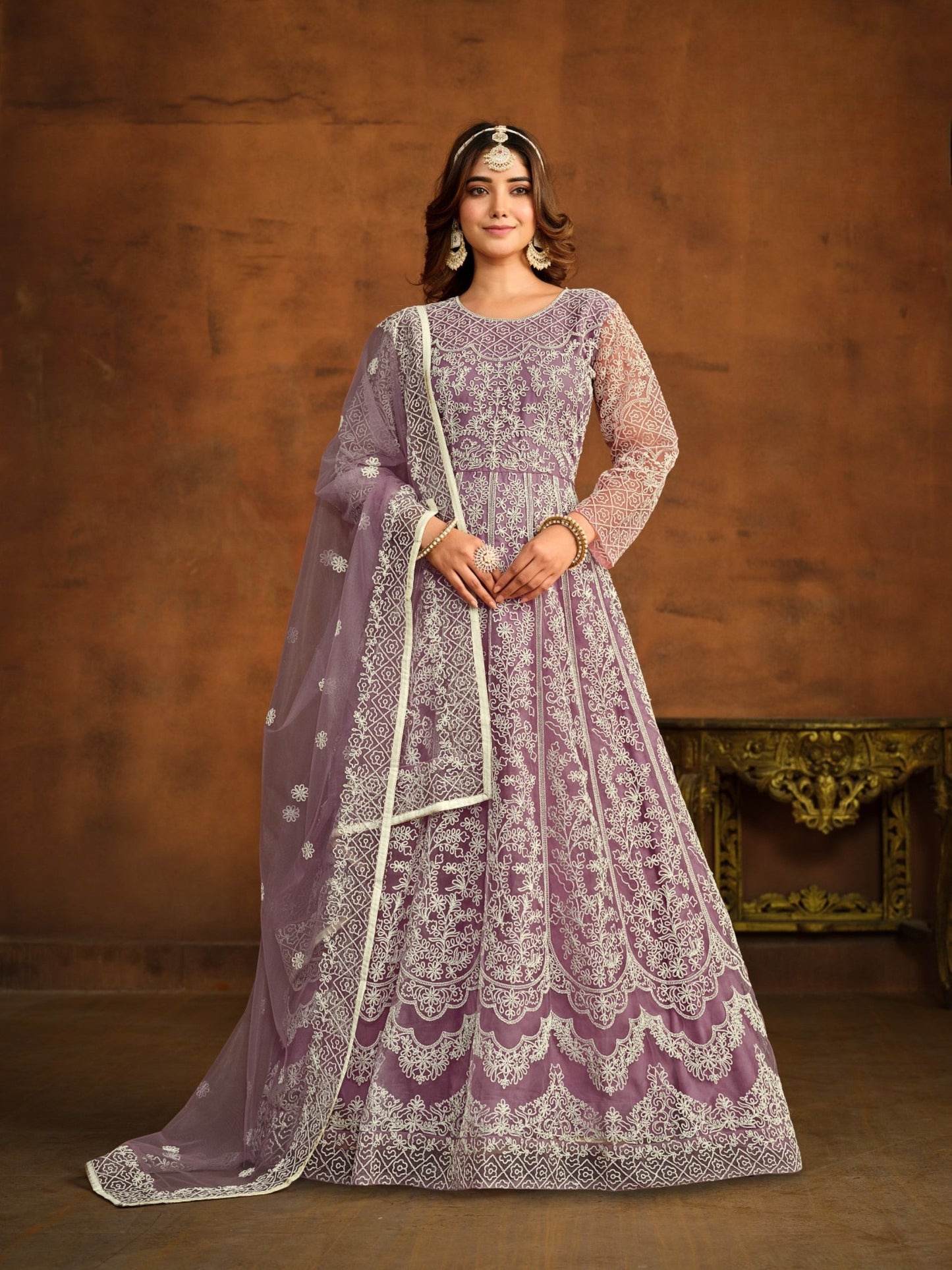 Anaita Lavender Embroidered Net Anarkali Suit