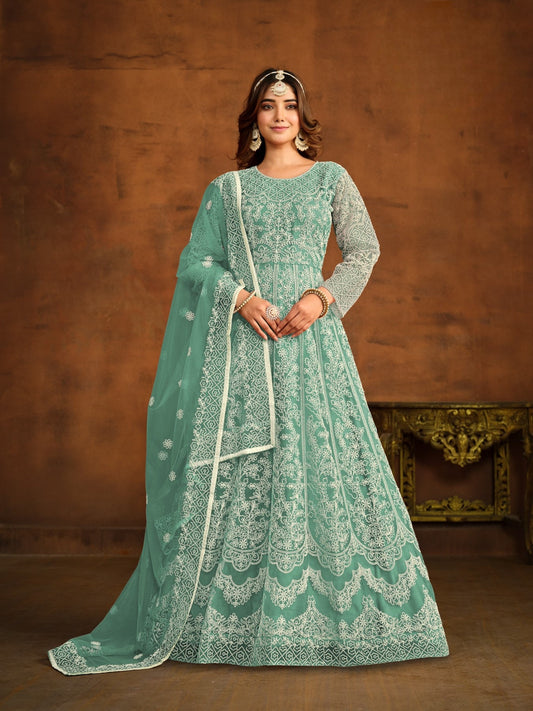 Anaita Sky Blue Embroidered Net Anarkali Suit