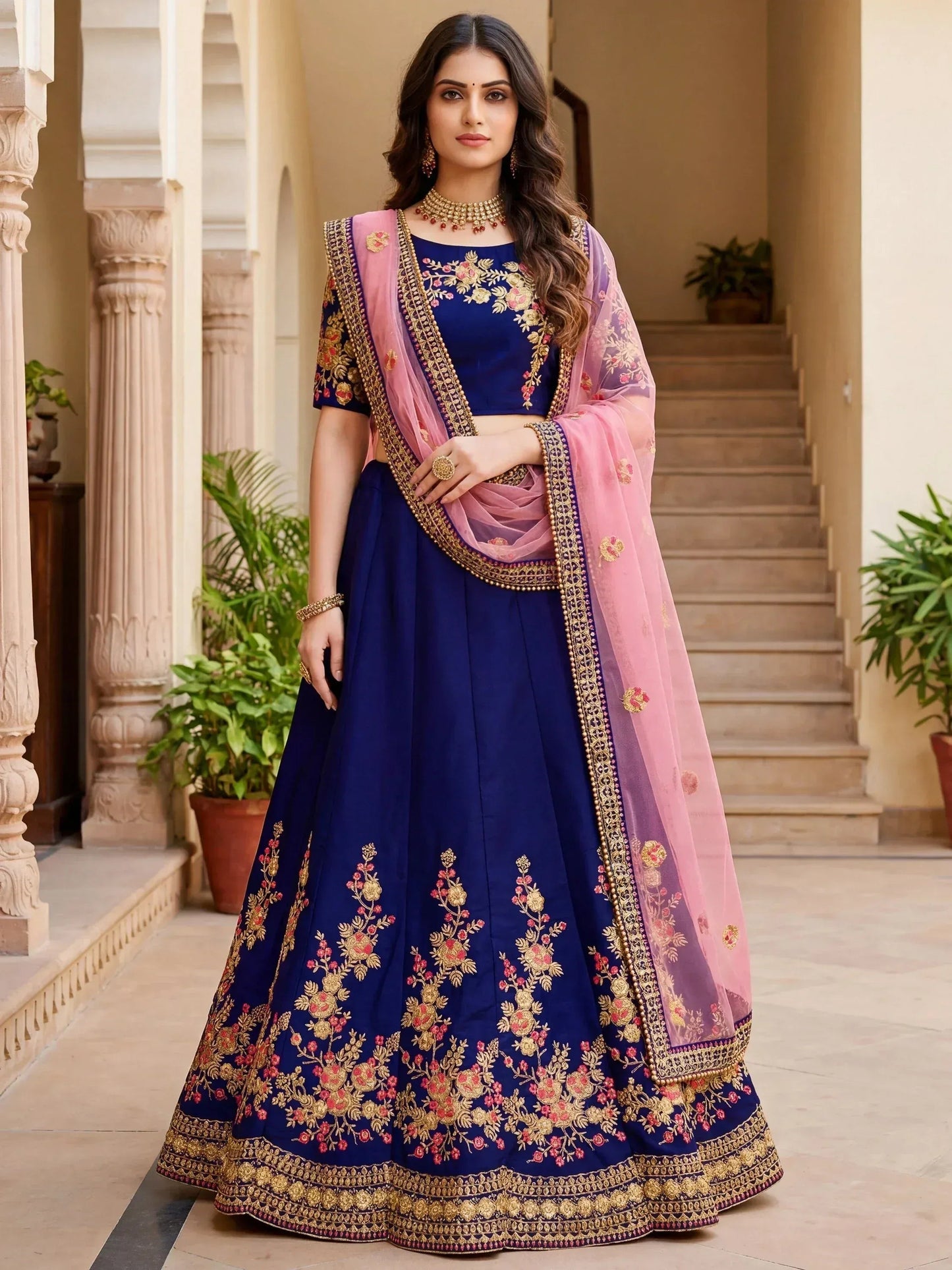 Tulsi Art Fabulous Navy Blue Embroidered Silk Festival Wear Lehenga Choli