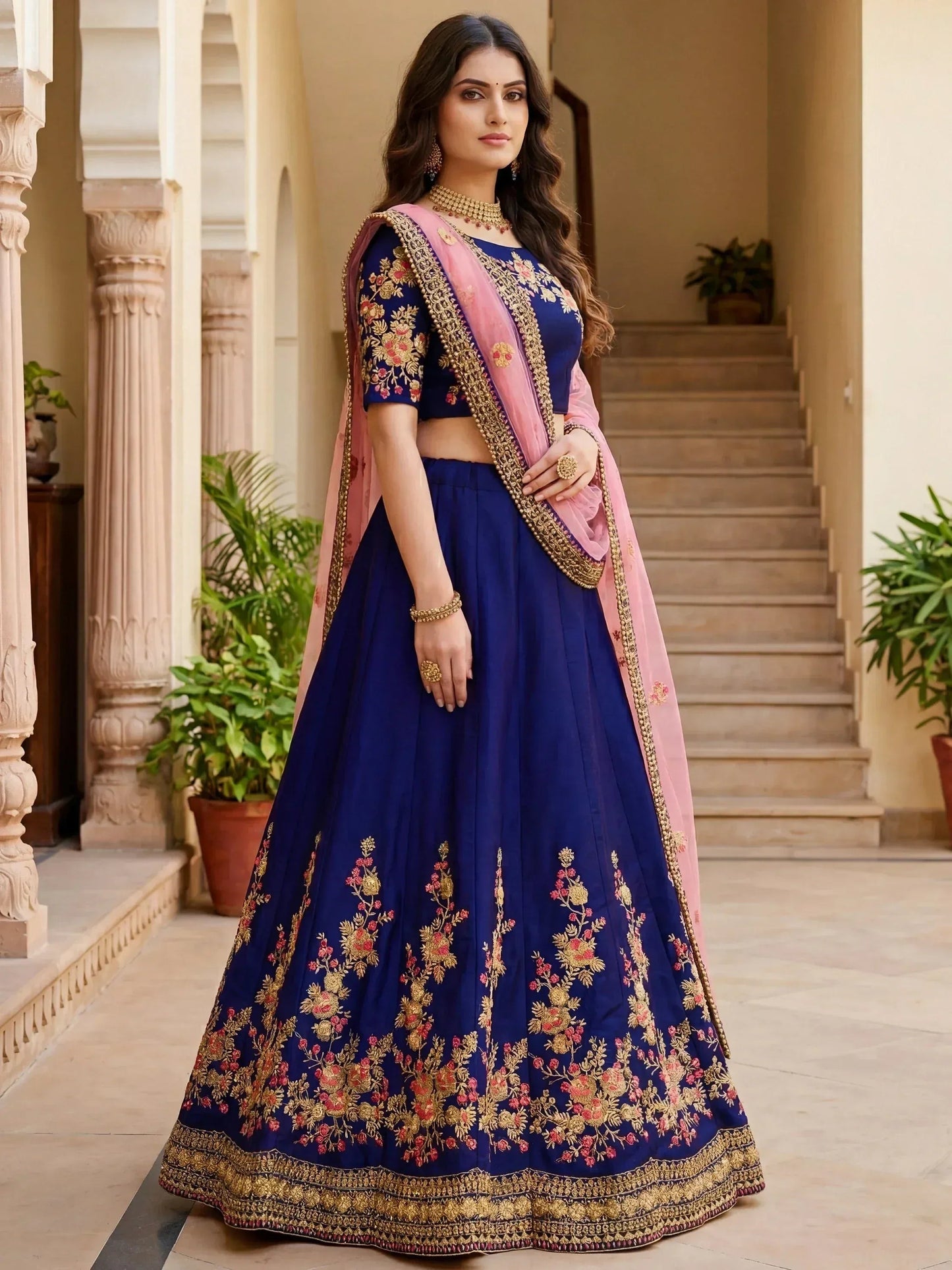 Tulsi Art Fabulous Navy Blue Embroidered Silk Festival Wear Lehenga Choli