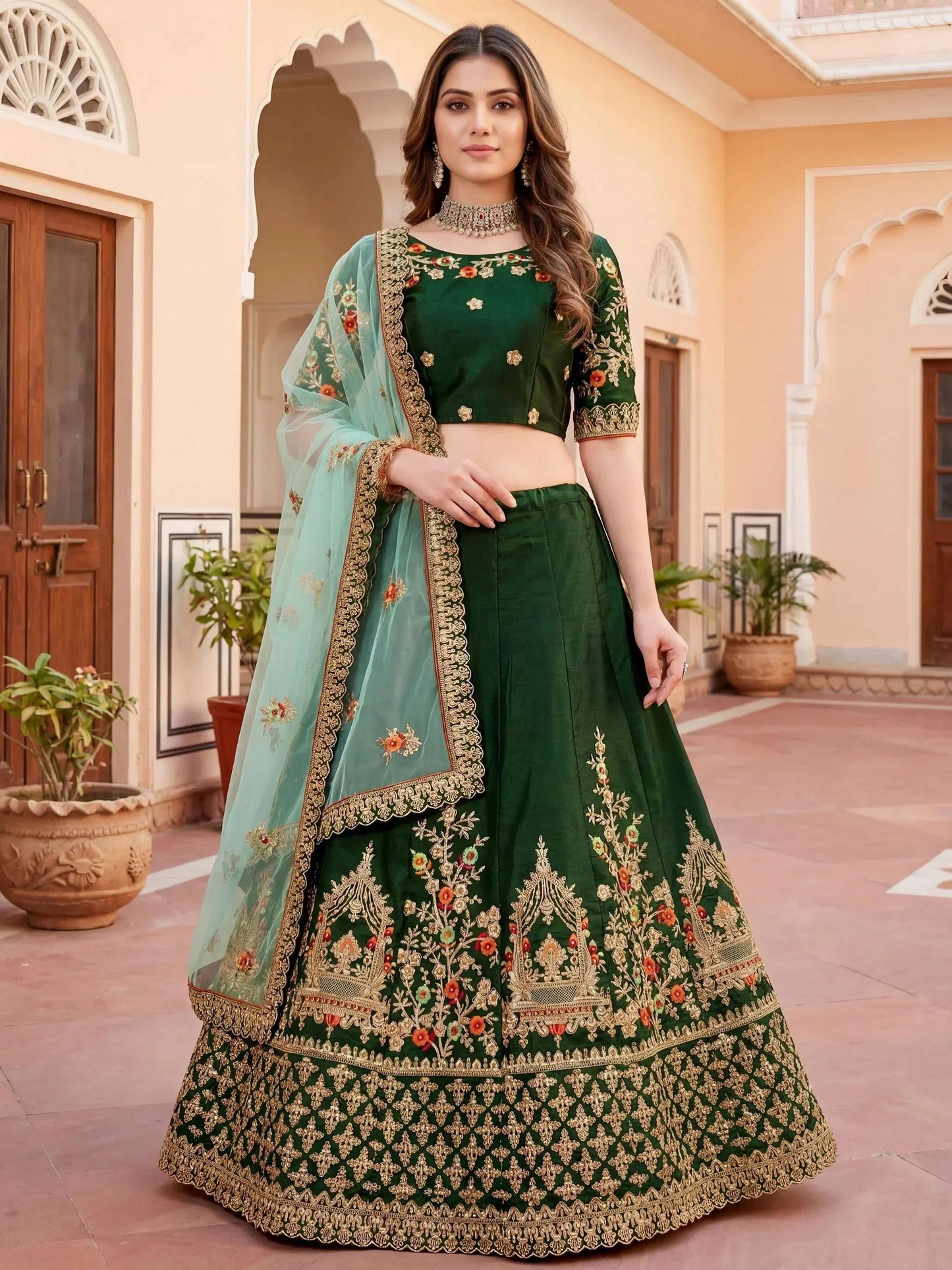 Tulsi Art Graceful Green Thread Embroidered Silk Wedding Wear Lehenga Choli