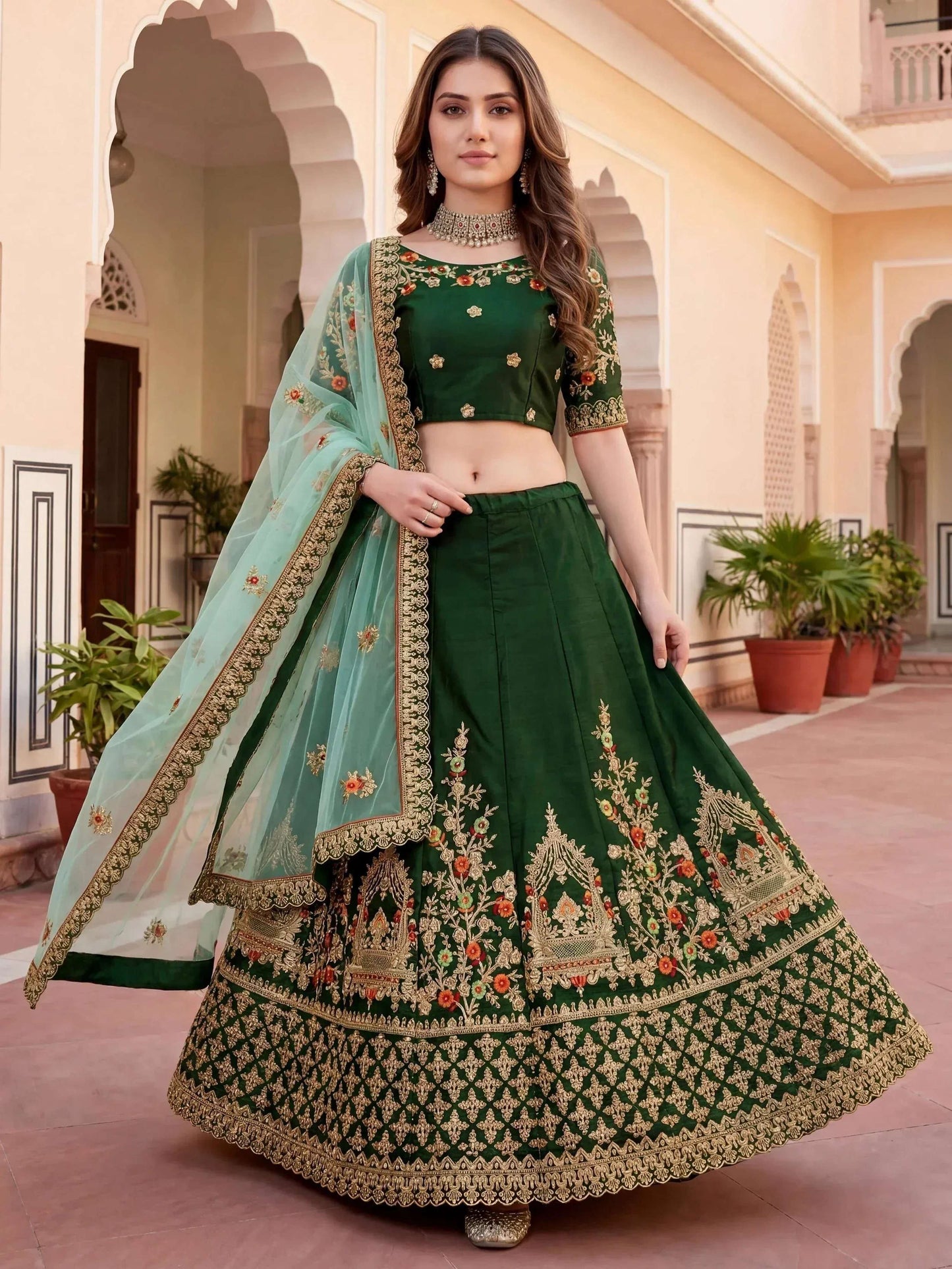 Tulsi Art Graceful Green Thread Embroidered Silk Wedding Wear Lehenga Choli