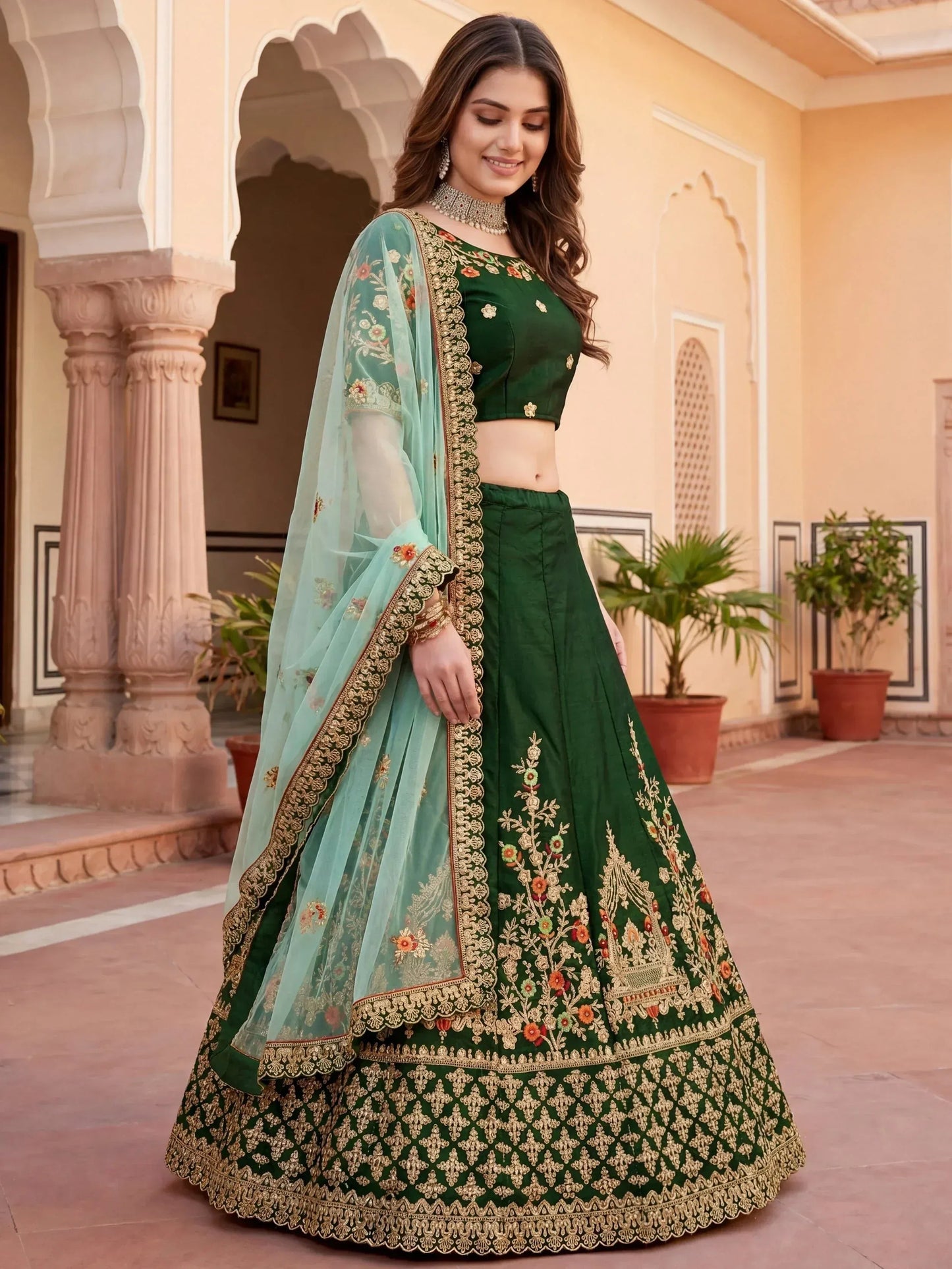 Tulsi Art Graceful Green Thread Embroidered Silk Wedding Wear Lehenga Choli