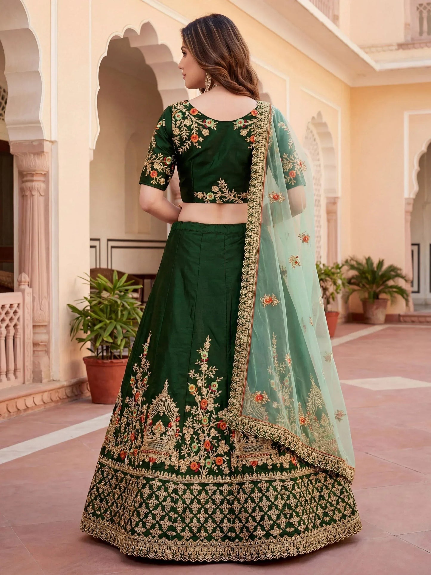 Tulsi Art Graceful Green Thread Embroidered Silk Wedding Wear Lehenga Choli