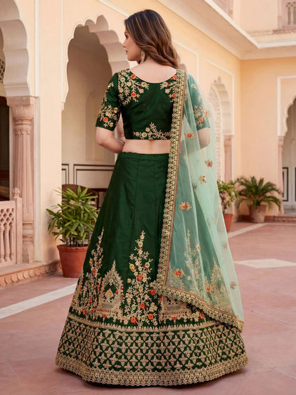 Tulsi Art Graceful Green Thread Embroidered Silk Wedding Wear Lehenga Choli