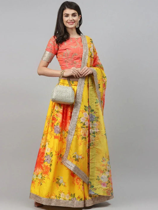 Tulsi Art Yellow & Orange Embroidered Semi-Stitched Myntra Lehenga & Unstitched Blouse With Dupatta