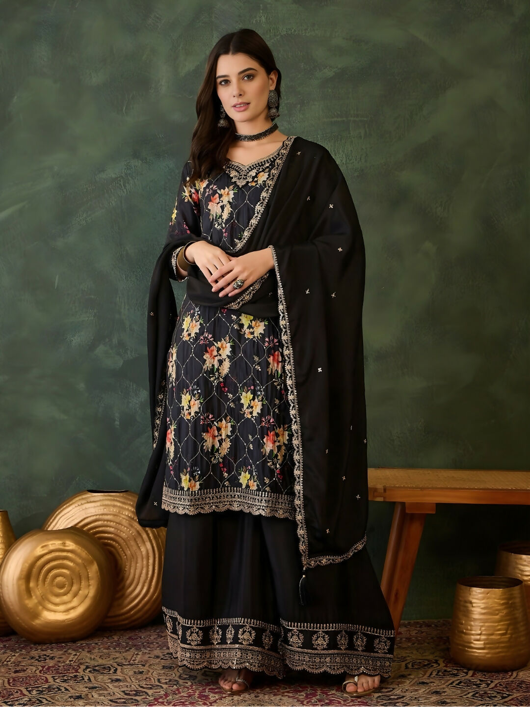 The52 Women's Gorgeous Embroidery Chinon Fabric Straight Kurta Palazzo and Dupatta Set-Black