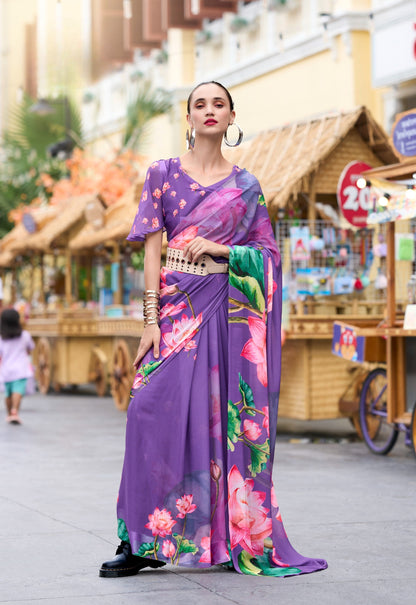 Anaita Lavender Designer Printed Pure Georgette Saree With Blouse