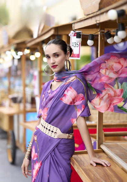 Anaita Lavender Designer Printed Pure Georgette Saree With Blouse