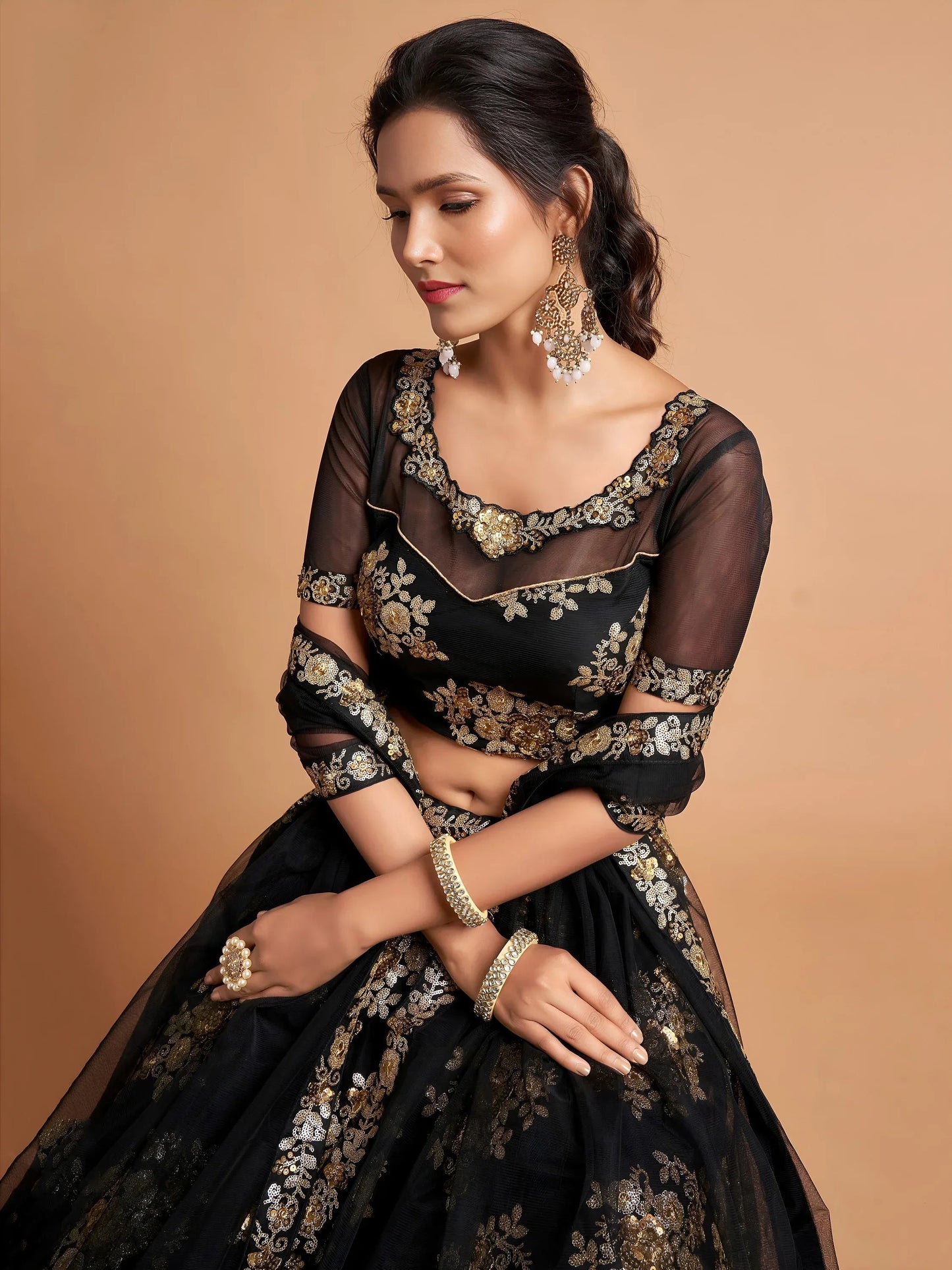 Tulsi Art Awesome Black Zari Embroidery Net Party Wear Lehenga Choli