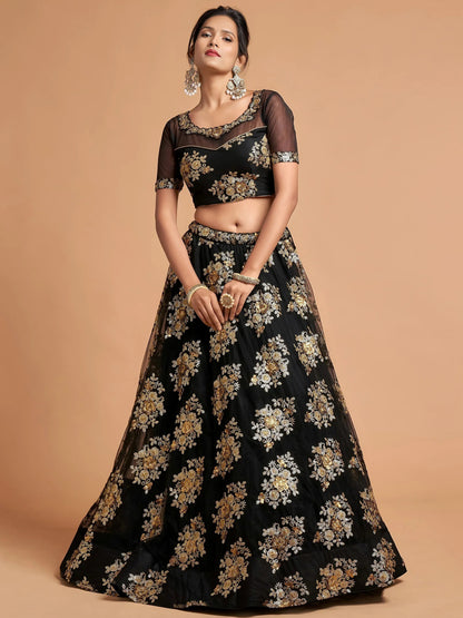 Tulsi Art Awesome Black Zari Embroidery Net Party Wear Lehenga Choli