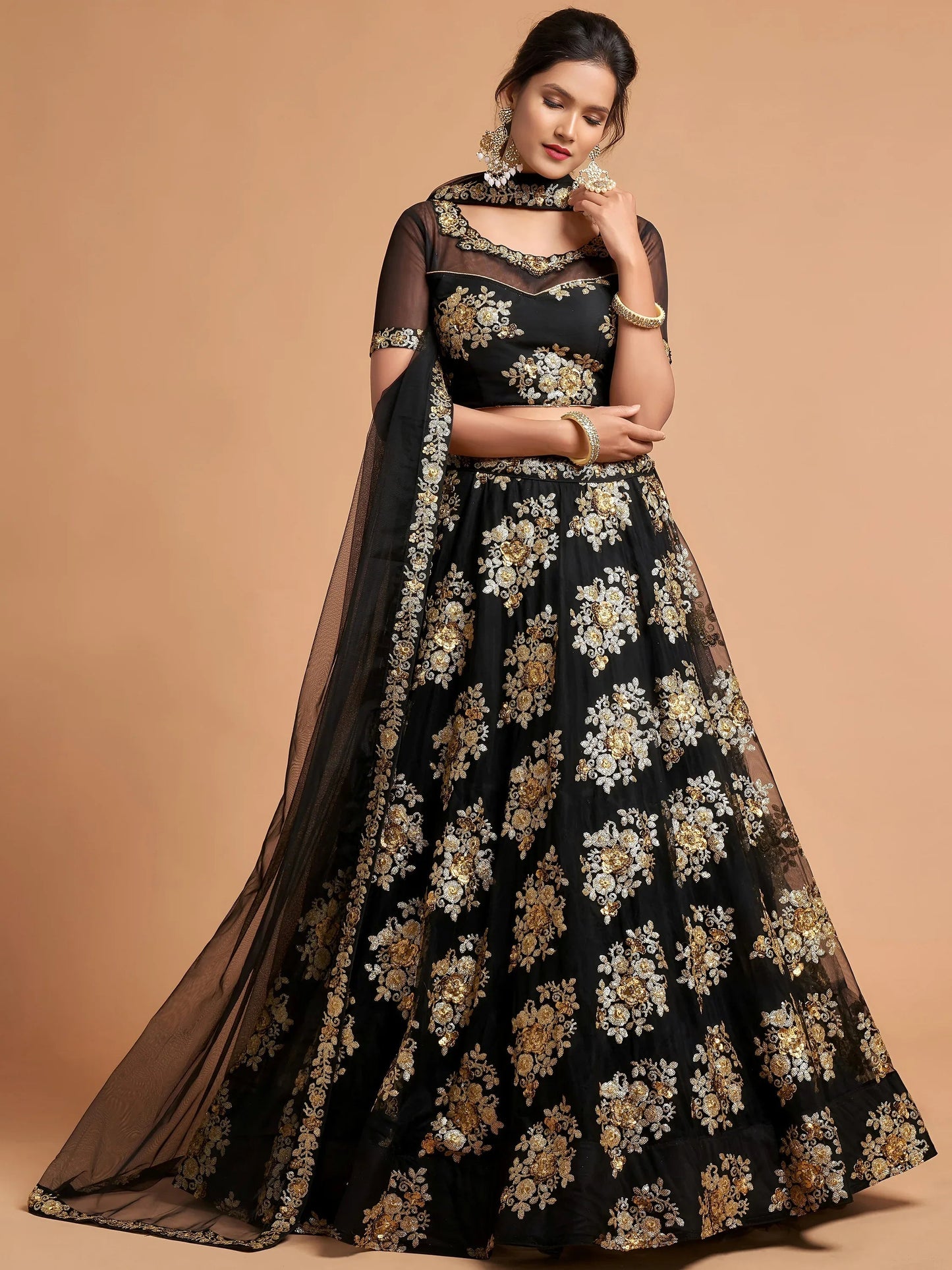 Tulsi Art Awesome Black Zari Embroidery Net Party Wear Lehenga Choli