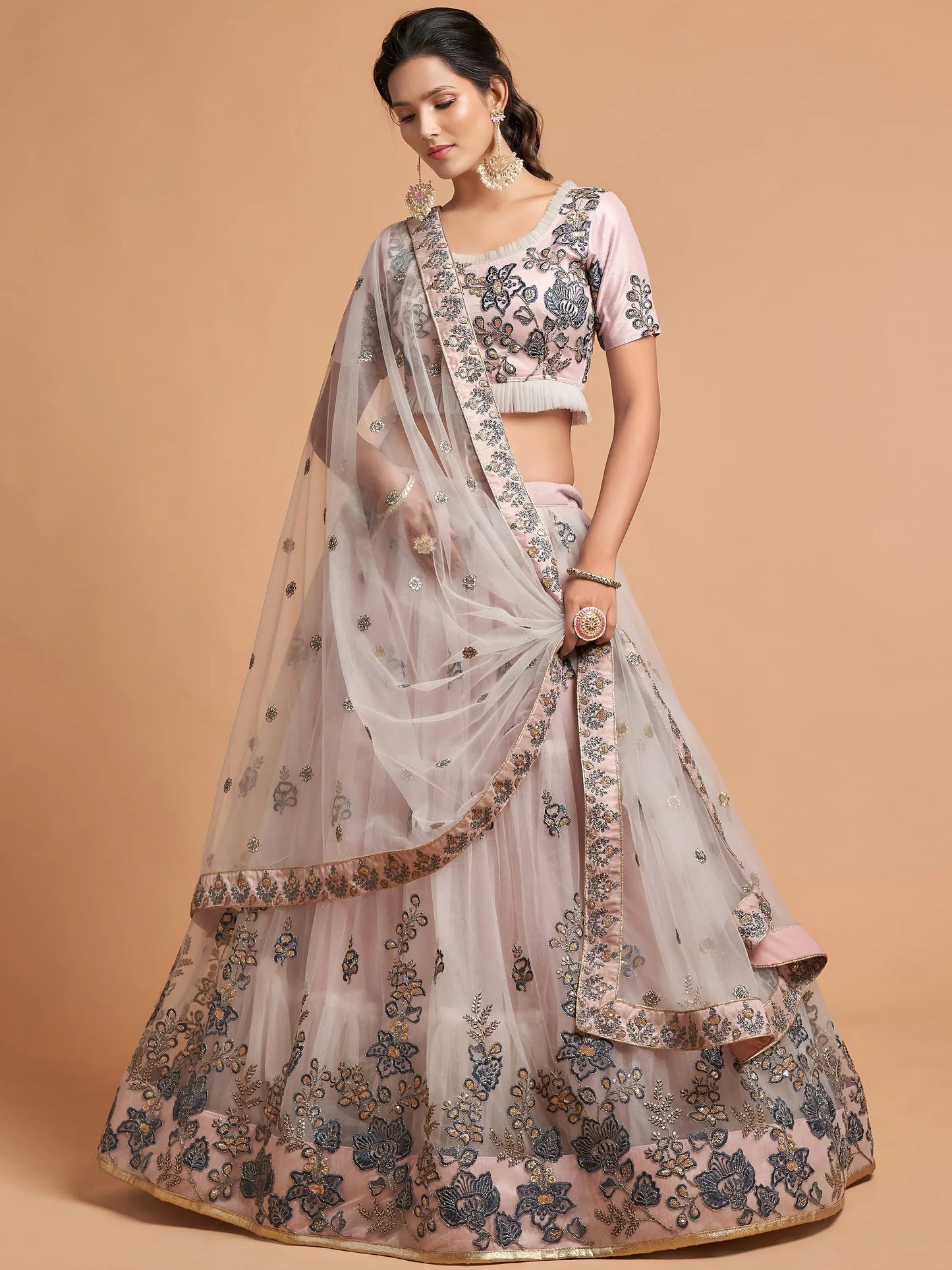 Tulsi Art Brilliant Grey Zari Embroidered Net Party Wear Lehenga Choli