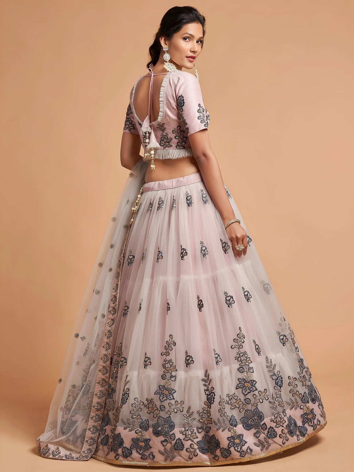 Tulsi Art Brilliant Grey Zari Embroidered Net Party Wear Lehenga Choli