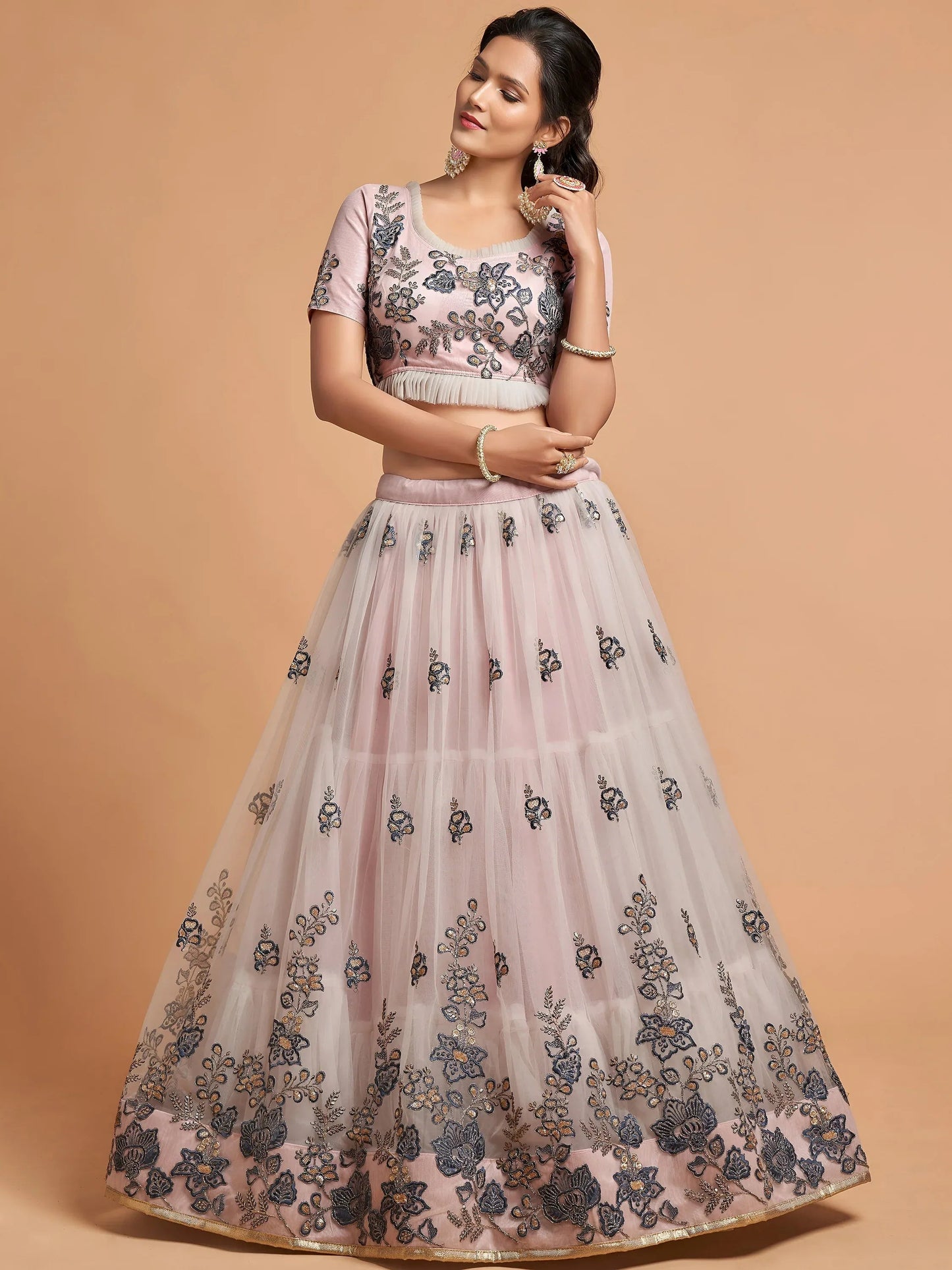 Tulsi Art Brilliant Grey Zari Embroidered Net Party Wear Lehenga Choli