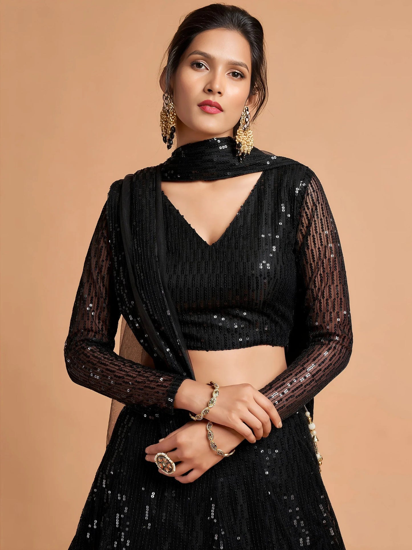 Tulsi Art Stunning Black Thread Embroidered Net Party Wear Lehenga Choli