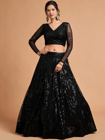 Tulsi Art Stunning Black Thread Embroidered Net Party Wear Lehenga Choli