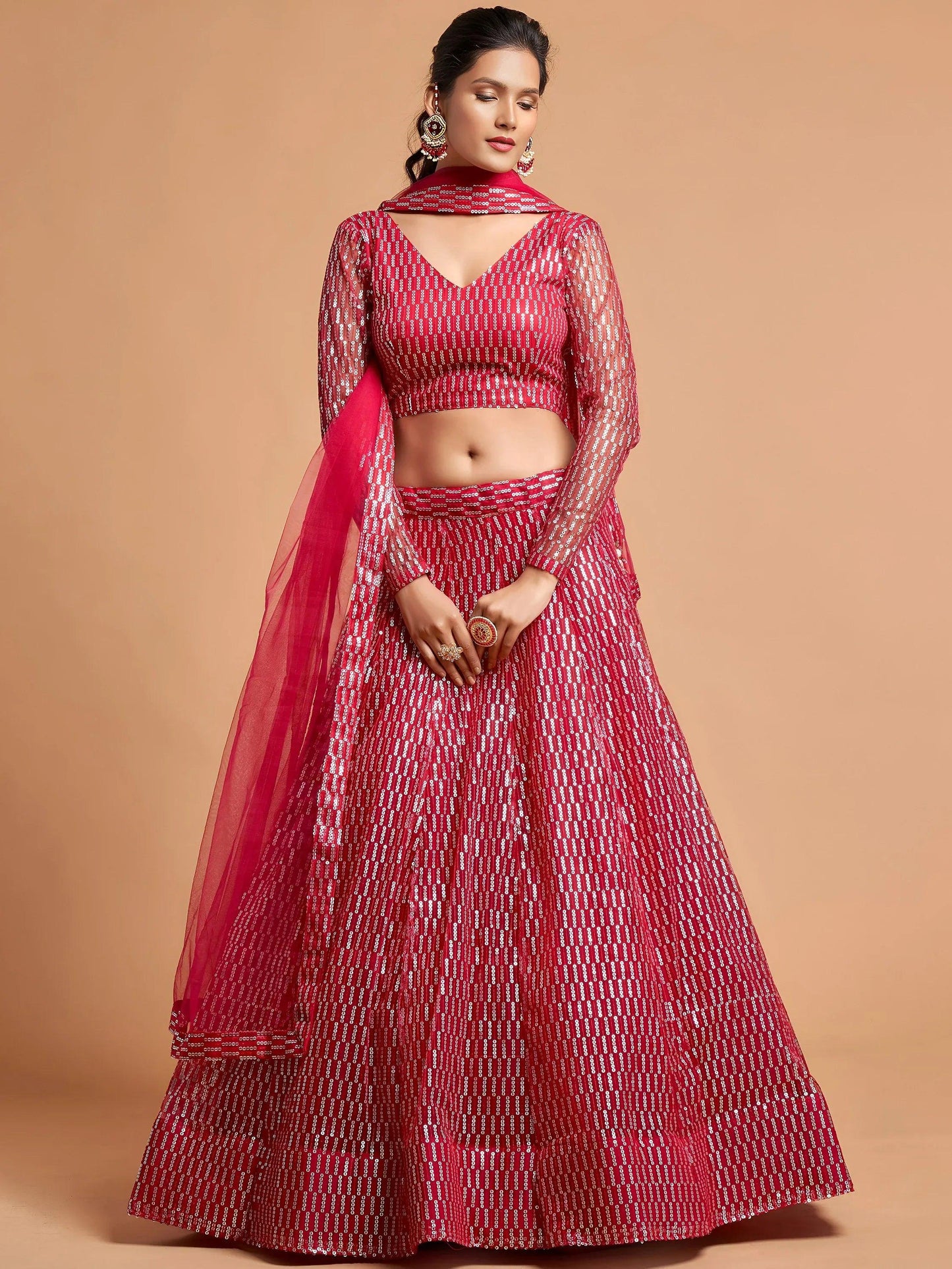 Tulsi Art Hot Pink Thread Embroidered Net Party Wear Lehenga Choli