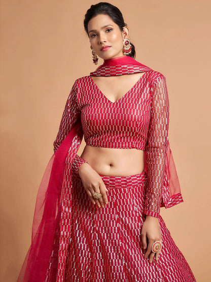 Tulsi Art Hot Pink Thread Embroidered Net Party Wear Lehenga Choli