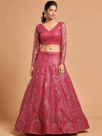 Tulsi Art Hot Pink Thread Embroidered Net Party Wear Lehenga Choli