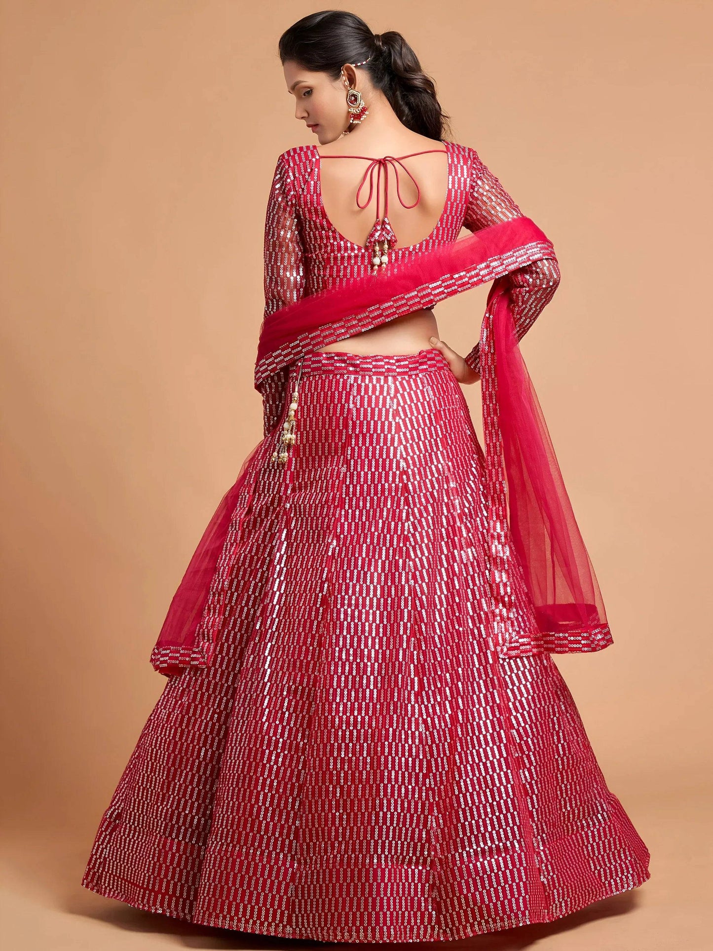 Tulsi Art Hot Pink Thread Embroidered Net Party Wear Lehenga Choli